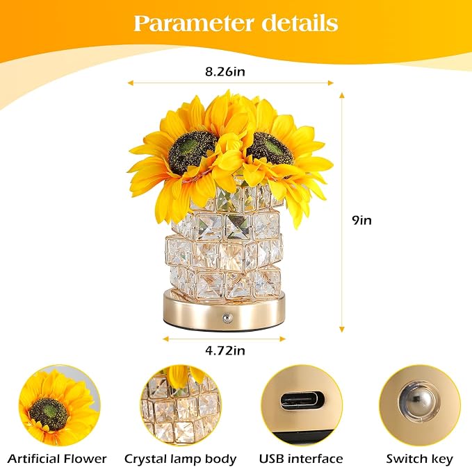 AMWGIMI Sunflowers Flower Lamp, Rechargeable Cordless Touch Table Lamp - Image 4