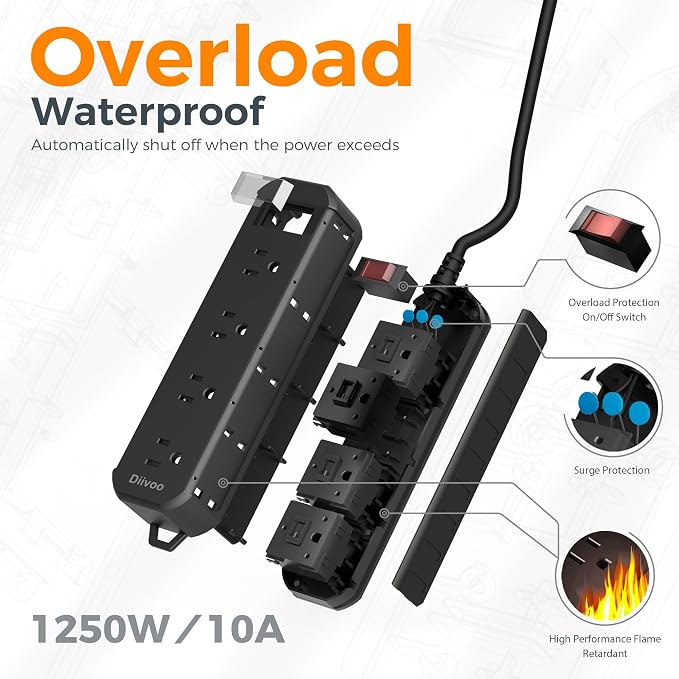 Outdoor Power Strip Weatherproof, 25 FT Extension Cord, Diivoo Waterproof Surge - Image 6