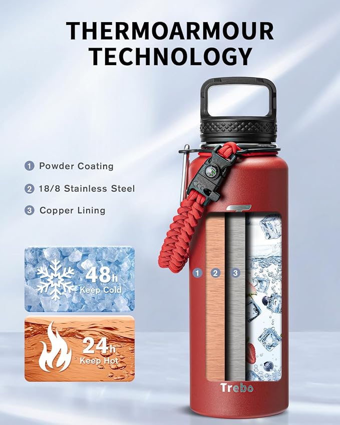 Trebo Water Bottle 40oz with Paracord Handle, Half Gallon Large Vacuum Triple - Image 2