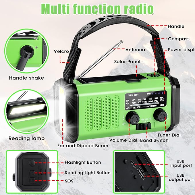 Leaton Emergency Radio with Solar/Hand Crank/USB Charging, 10000mAh - Image 4