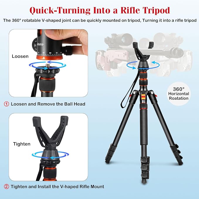 68" Ball Head Camera Tripod & Monopods, 360° Smooth Rotation V-Yoke Rifle - Image 4