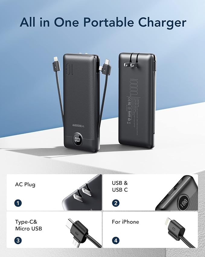 VEGER Portable Charger with Built-in AC Plug and Cables, All in One 10000mAh - Image 2