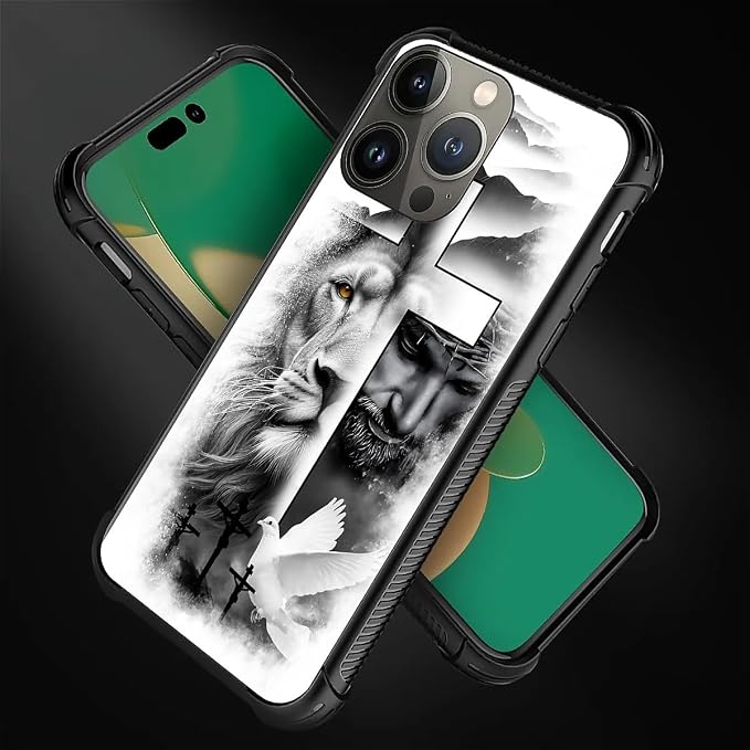 for iPhone 12 Pro Max Case, Lion Cross Jesus Christ Dove Pattern Graphic Design - Image 2