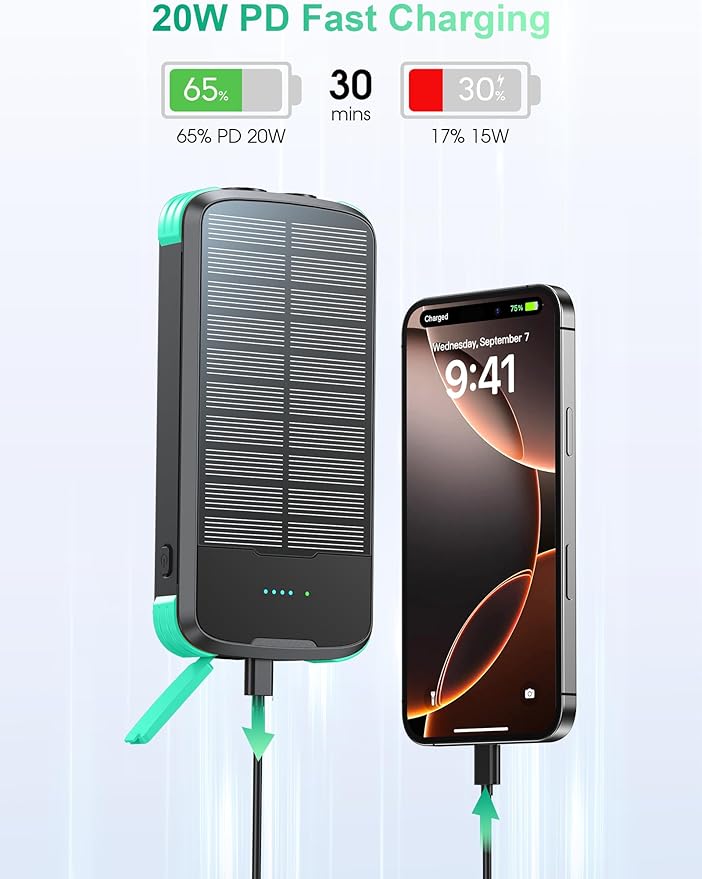 Solar Charger Power Bank, PD 20W Fast Charging External Batter, 40000mAh - Image 4