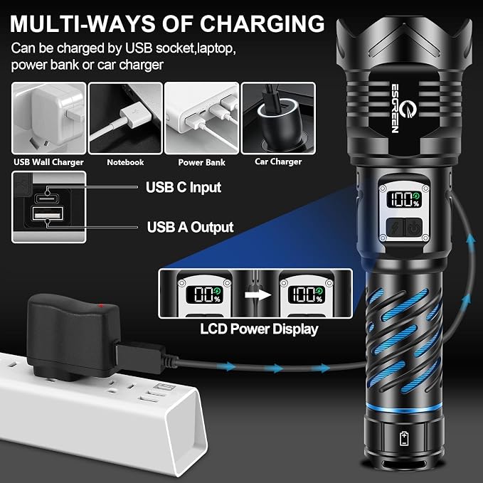 Super Bright Flashlight High Lumens 100000 Rechargeable, Strong 50W LED - Image 4
