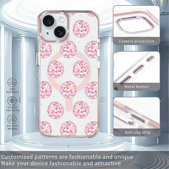 Case for iPhone 14 Plus/15 Plus, Disco Balls Pink Phone Case Design，for Women - Image 2