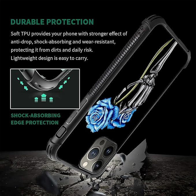 for iPhone 16 Pro Max Case, Skeleton Holding Blue Rose Pattern Graphic Design - Image 2