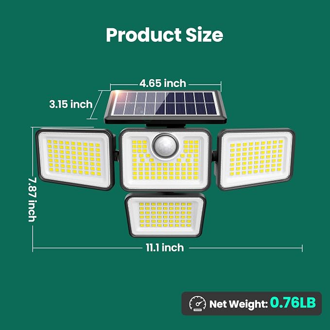 4500LM Solar Lights Outdoor, 4 Adjustable Heads Motion Sensor Lights, 3 Modes - Image 3