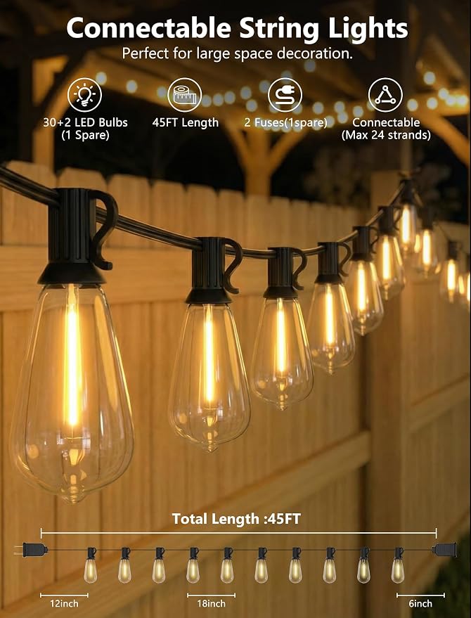 45FT Outdoor String Lights, 30 ST40 Shatterproof Vintage Edison Bulbs, Hanging - Image 2