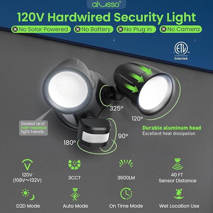 ALUSSO Motion Sensor Outdoor Lights Metal Heads, 30W 3600LM Flood Lights - Image 3