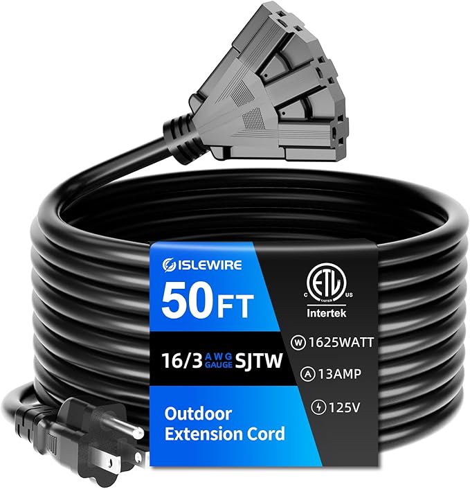 50 FT 3 Outlet Outdoor Extension Cord Waterproof, 16/3 SJTW Black Extension Cord by ISLEWIRE