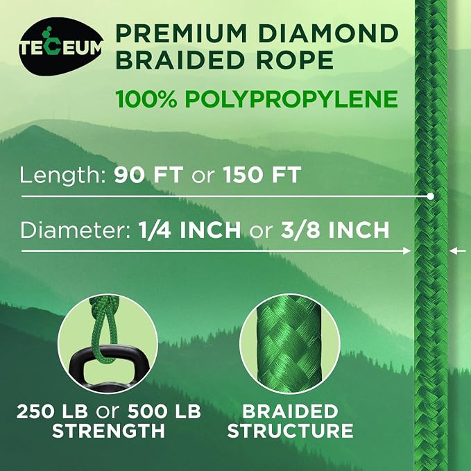 TECEUM Rope – 90 Feet x 1/4 Inch – Green – Strong All-Purpose Utility Rope – - Image 2