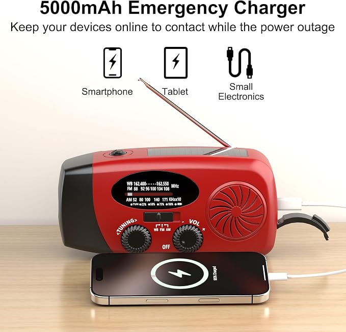 18500mWh Weather Emergency Radio, Portable Solar AM/FM/NOAA Hand Crank Radio - Image 3