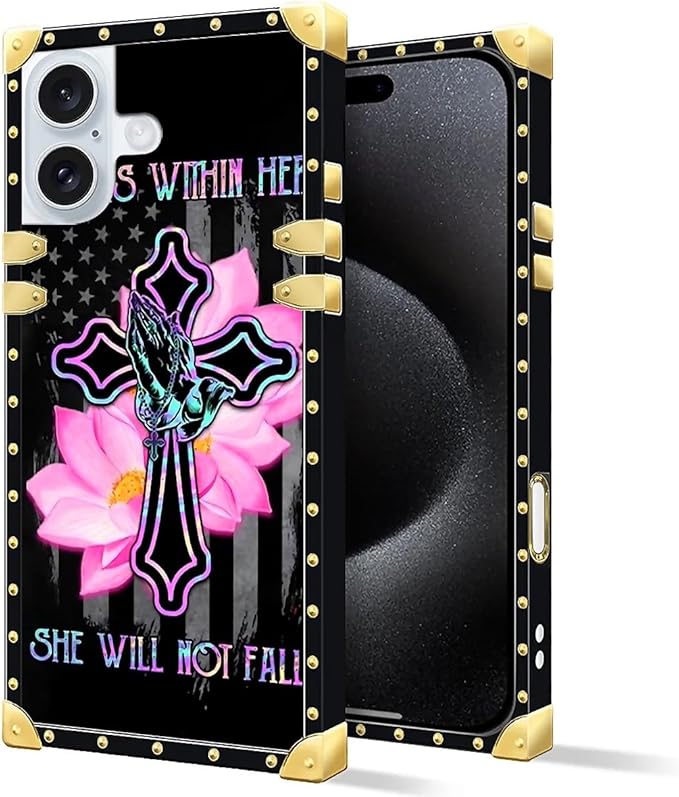 Compatible with iPhone 16 Plus Case, Praying Cross Hands Luxury Golden - Image 3
