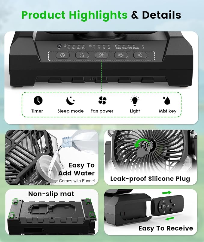 Camping Misting Fan - 24000mAh Portable Battery Powered Fans - Image 9