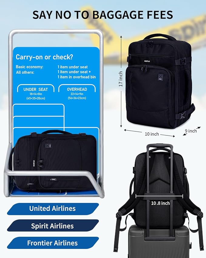 ECOHUB 17" Small Travel Backpack, United Airlines Personal Item Bag 17x10x9 - Image 2