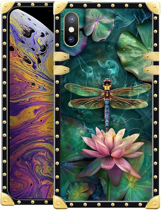 Compatible with iPhone XR Case, Colourful Dragonfly Pink Lily Pads Luxury by Unknown