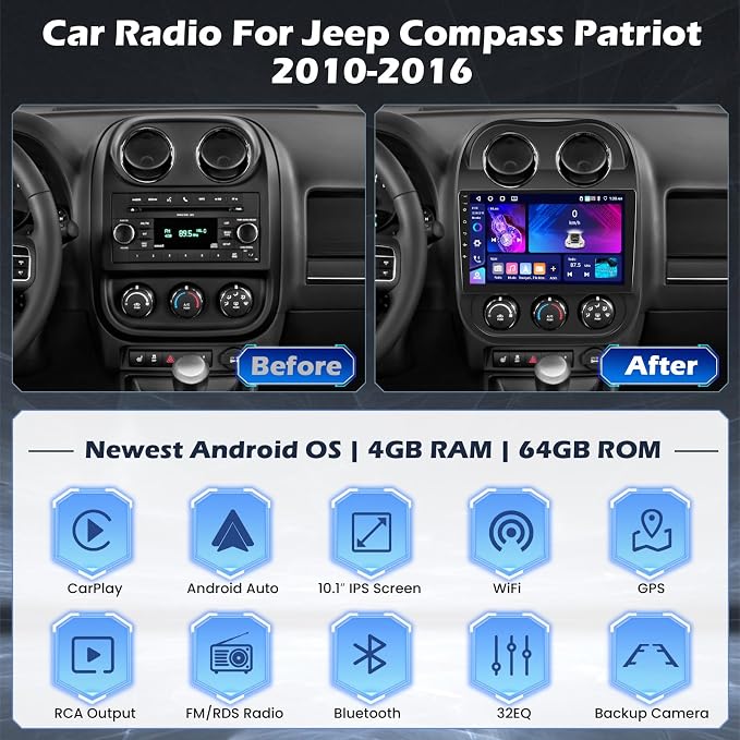Android 15 Car Stereo for Jeep Compass Patriot 2010-2016, Hikity 10'' IPS - Image 2
