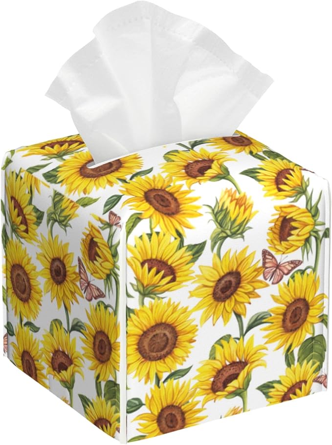 Tissue Box Cover Square, Sunflowers and Butterfly Tissue Box Holder Waterproof by Unknown