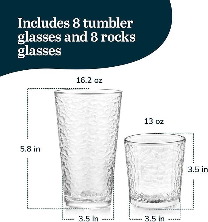 Libbey Yucatan Tumbler and Rock Drinking Glasses Set, Textured 16 Piece - Image 3