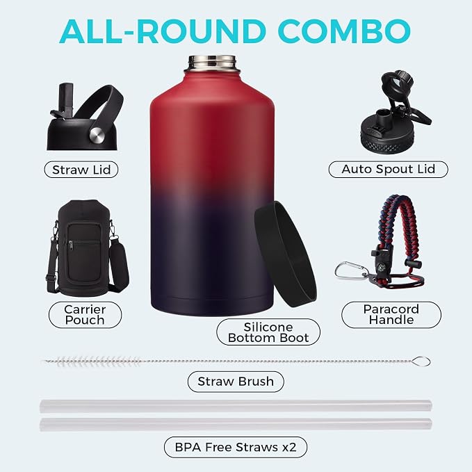 1 Gallon Water Bottle with Straw - 128oz Stainless Steel Water Jug with Sleeve - Image 2