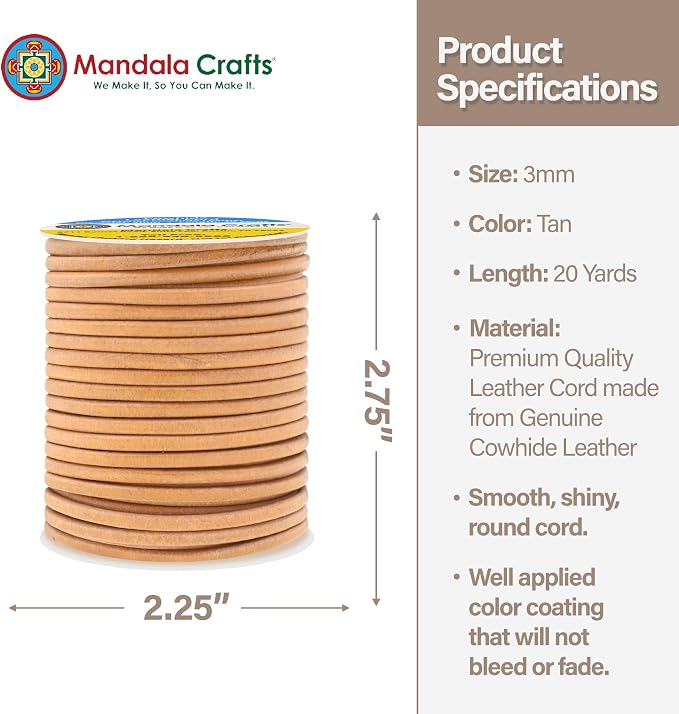 Mandala Crafts Round Genuine Tan Leather Cord - Image 4
