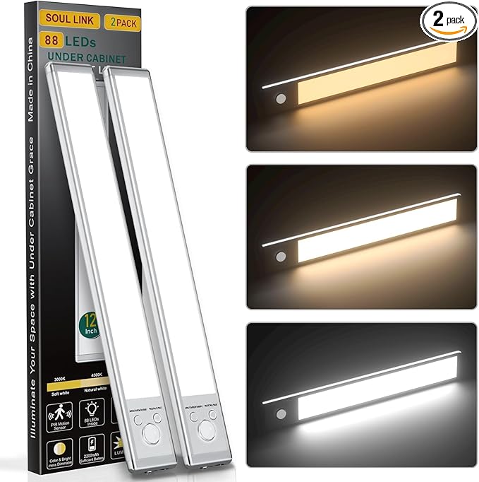 12" Under Cabinet Lights, 88 LED Operated Motion Sensor Light Indoor, 2200mAh by SOUL+LINK