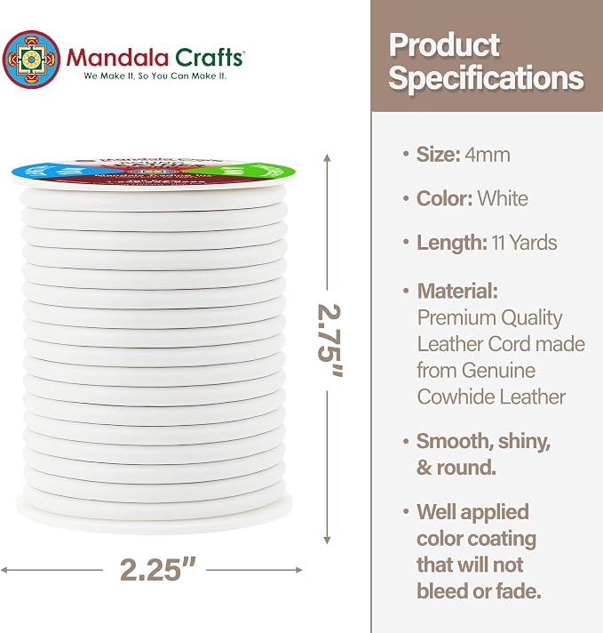 Mandala Crafts Round Genuine White Leather Cord - Image 4