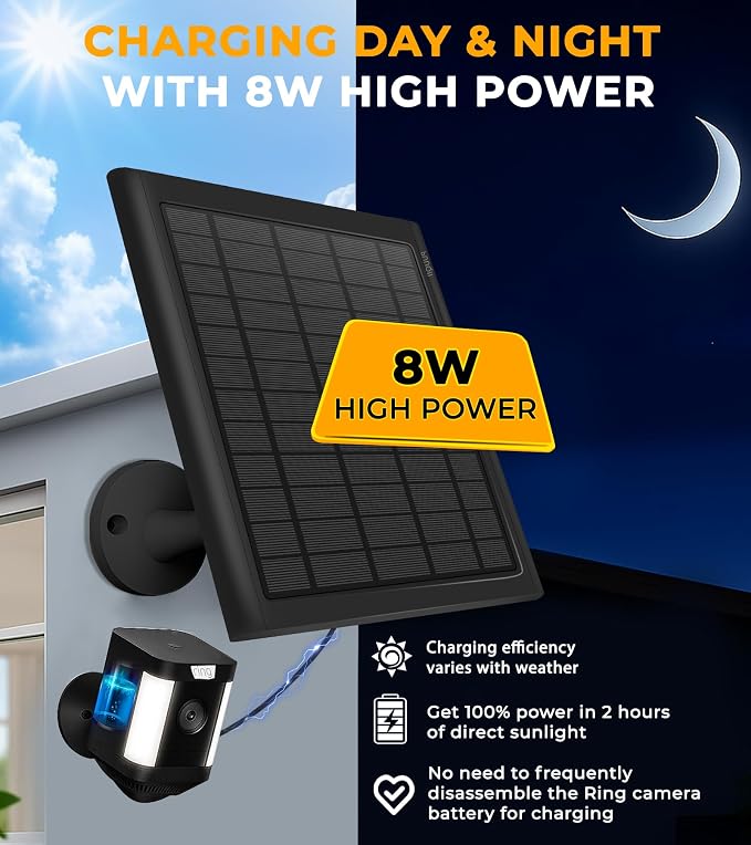 8W Solar Panel for Ring Camera, Spotlight Cam Battery, Includes Barrel Plug to - Image 2