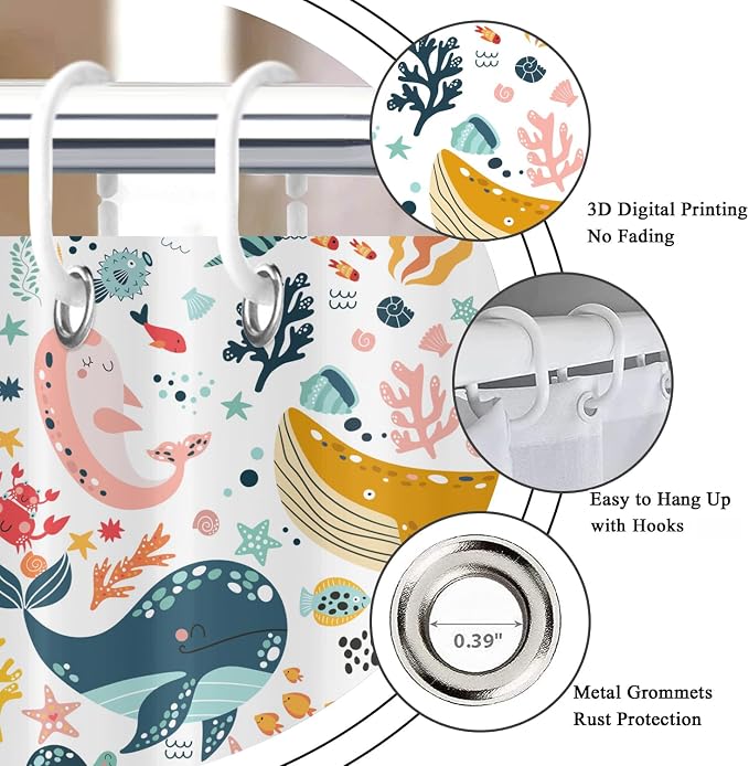 Kids Whale Shower Curtain, Funny Cute Ocean Fish Cartoon Sealife Under Sea - Image 6