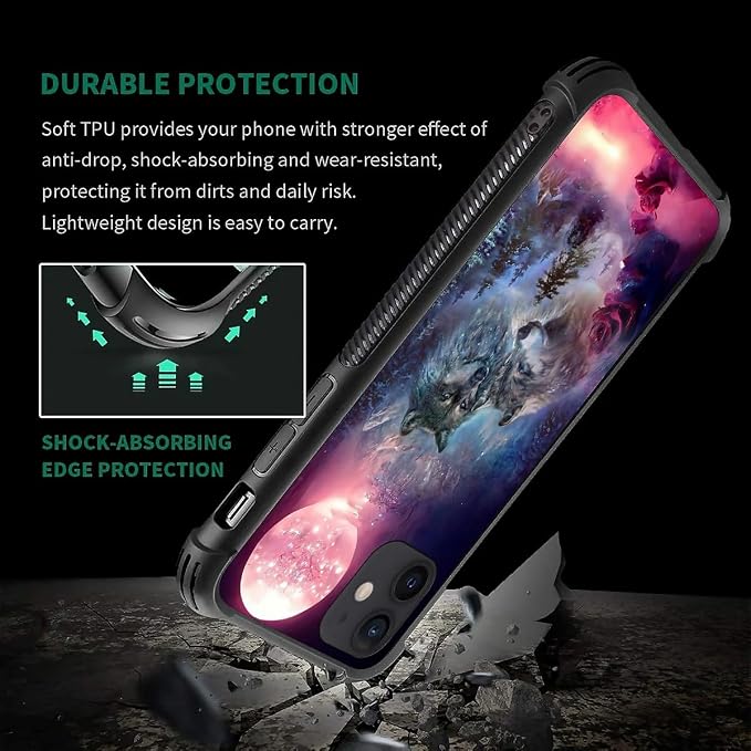 for iPhone 12/12 Pro Case, Star Two Wolfs Howling Pattern Graphic Design Girl - Image 6