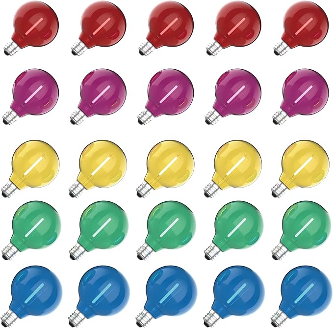 Meconard 25 Pack G40 Colored LED String Light Bulbs, E12/C7 Candelabra Base by Meconard