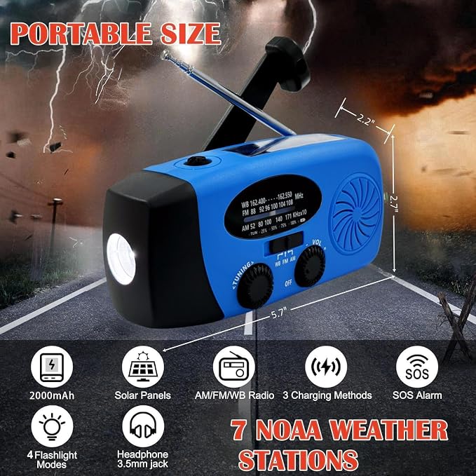 2000mAh Weather Emergency Radio, Portable Solar AM/FM/NOAA Hand Crank Radio - Image 6