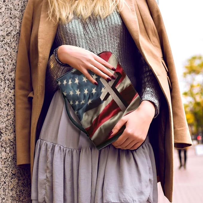 Medium Bible Cover Case for Women Men American Flag and Cross PU Leather Bible - Image 4