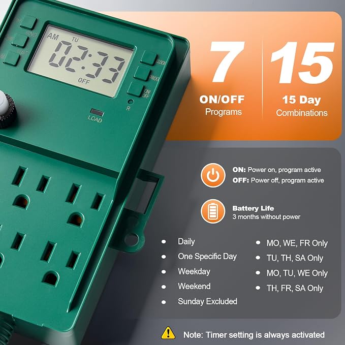 SURAIELEC Outdoor Power Stake, 7-Day Programmable Digital Timer, Power Strip - Image 2