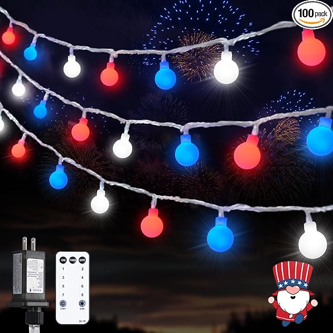 JMEXSUSS Connectable Red White and Blue Lights Indoor Outdoor, 100 LED 33ft 4th by JMEXSUSS