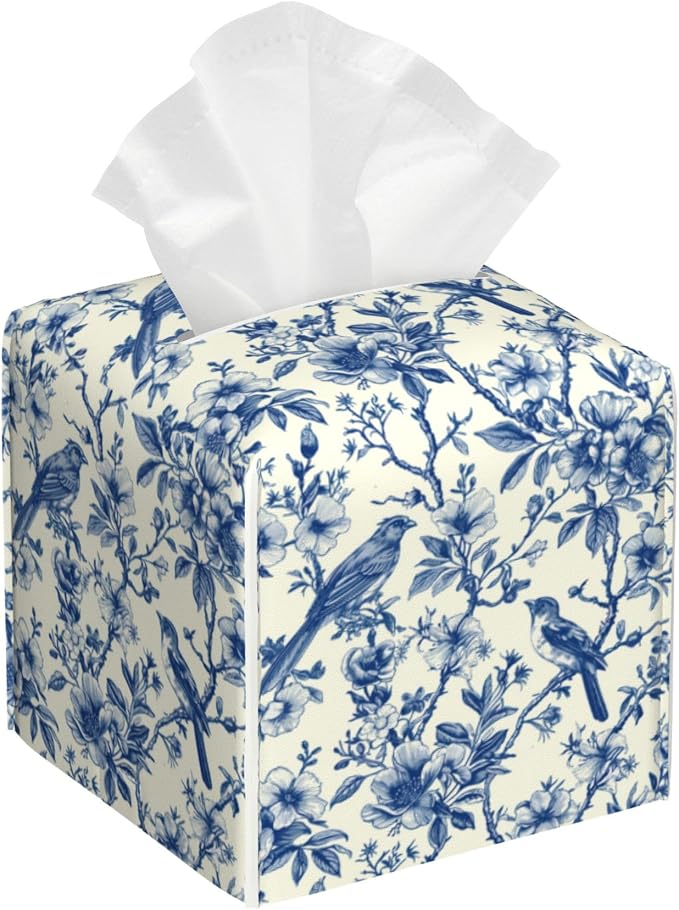 Tissue Box Cover Square, Vintage Floral and Blue Bird Tissue Box Holder by Unknown