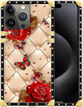 Compatible with iPhone 16 Pro Case, Shining Red Rose Butterfly Leather by Unknown