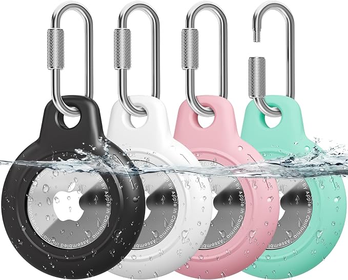 AirTag Holder with 304 Carabiner, 4 Pack IPX8 Waterproof Shockproof PC Hard Case by HOME
