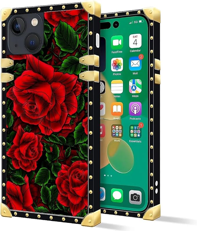 Compatible with iPhone 14 Case, Vector Red Rose Green Leaf Luxury Golden - Image 2