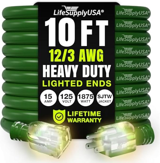10ft Outdoor/Indoor Extension Cord 12/3 Gauge Extra Heavy Duty 3 Prong SJTW by LifeSupplyUSA