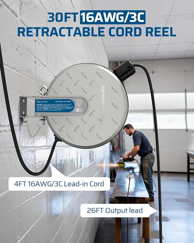 DEWENWILS 30FT Retractable Extension Cord Reel, Ceiling/Wall Mount 16/3 SJTW - Image 2
