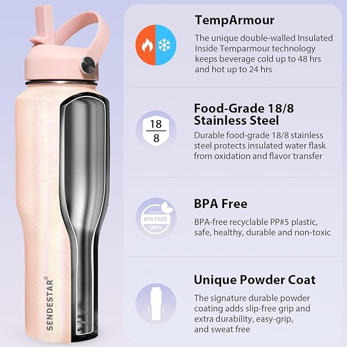 SENDESTAR Water Bottle, Wide Mouth Stainless Steel Vacuum Insulated Double Wall - Image 4
