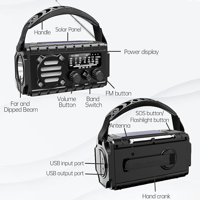 Emergency Radio Hand Crank Solar, AM/FM/SW NOAA Weather Radio Built-in 20000mah - Image 6