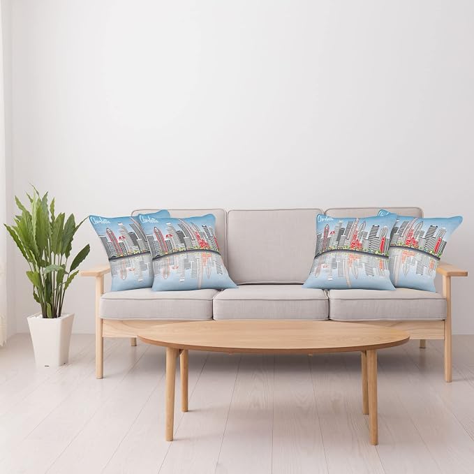 Ambesonne North Carolina Throw Pillow Cushion Case Pack of 4, Charlotte Skyline - Image 4