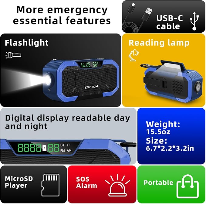 KAYINOW Emergency NOAA Weather Radio, Solar Hand Crank FM AM Radio - Image 6