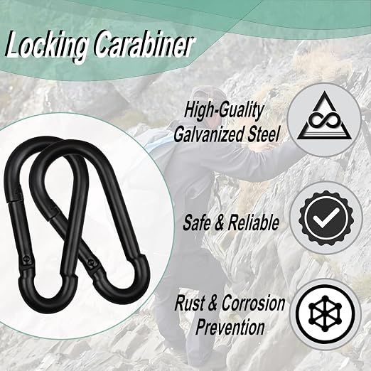 Black Carabiner, Heavy Duty Galvanized Steel Spring Snap Hook Carabiner Clips - Image 3