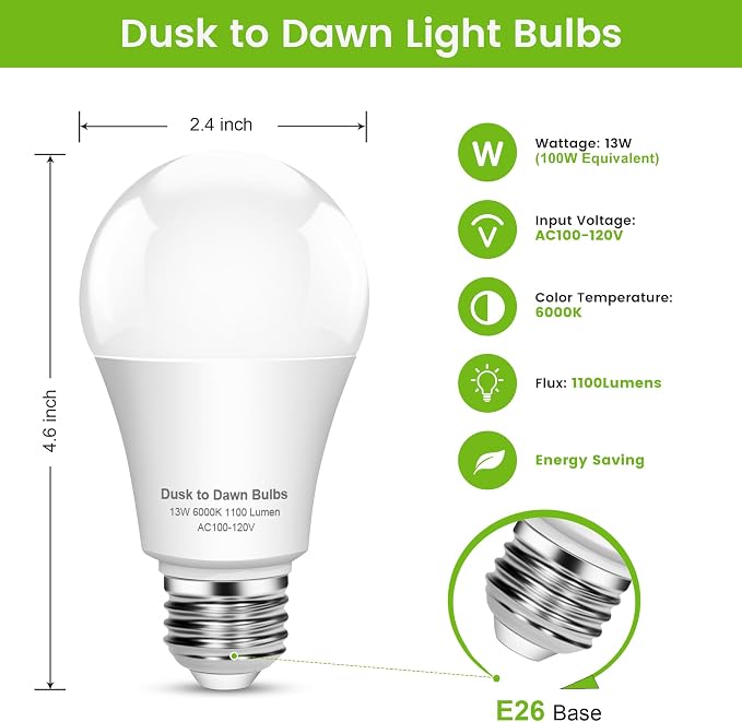 OHLUX Dusk to Dawn Outdoor Light Bulb, 13W 60W Equivalent Energy Saving A19 E26 - Image 4