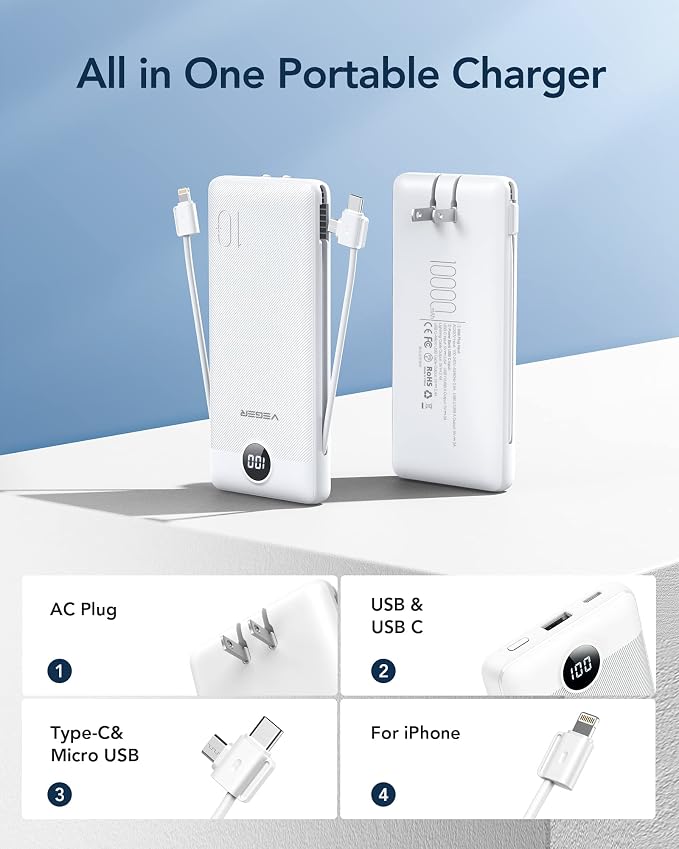 VEGER Portable Charger with Built-in AC Plug and Cables, All in One 10000mAh - Image 2