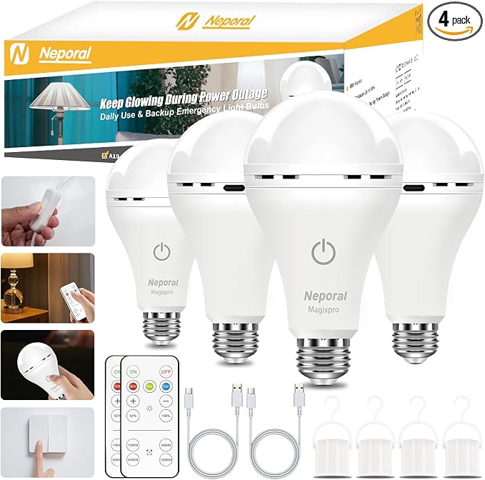 MagixPro Remote Rechargeable Light Bulbs, USB & Socket Charging, 1800mAh Battery by Neporal